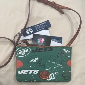 Dooney & Bourke Green New York Jets Crossbody Wristlet with Brown Leather Trim